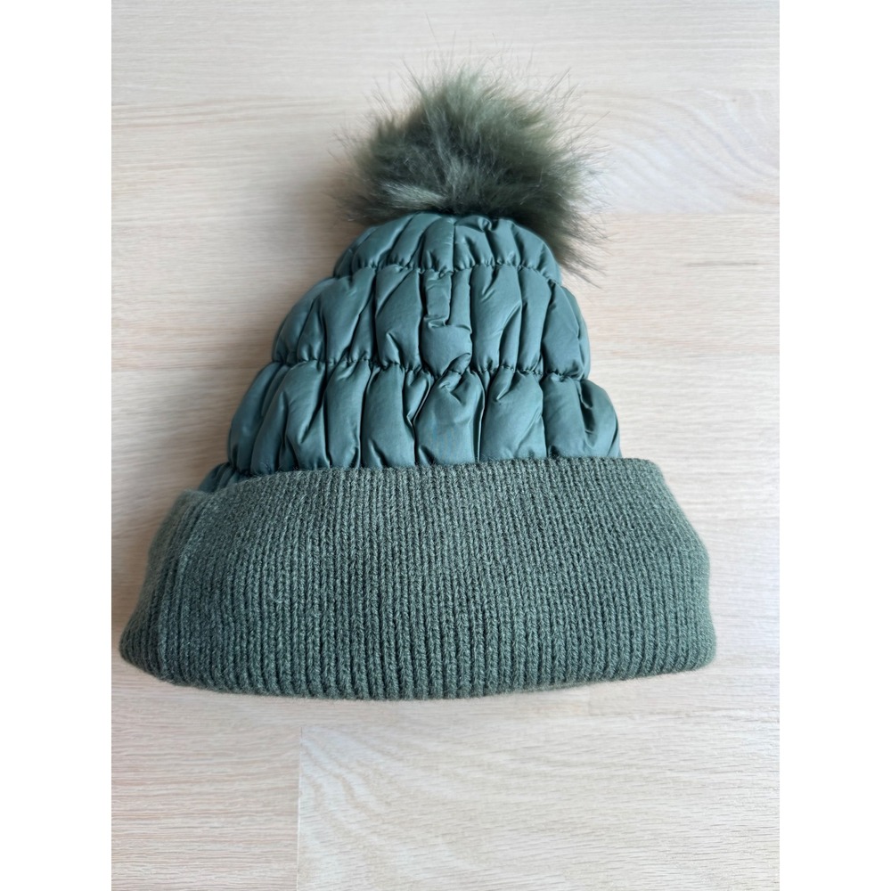 LL Bean Puffer Beanie Faux Fur Pom Pom Fleece Lined Green Winter Hat - Picture 7 of 7